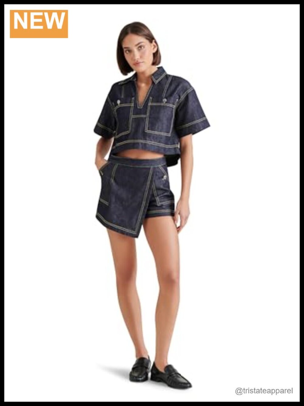 Steve Madden Jai Top Cotton Point Collar Crop Top Short Sleeve Patch Pocket